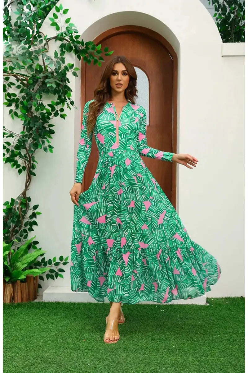 Green Zip Long Sleeve Printed Surf Swimsuit Set