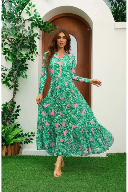 Green Zip Long Sleeve Printed Surf Swimsuit Set