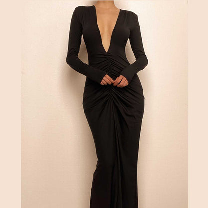 Ruched long sleeve v neck solid 2-way maxi dress-final-sale