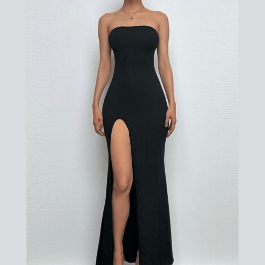 High slit solid backless tube maxi dress