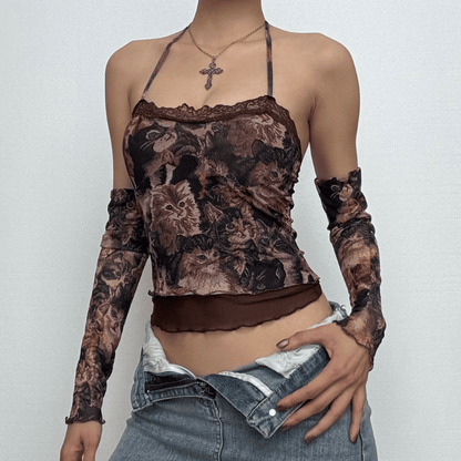 Halter gloves cat print lace hem top