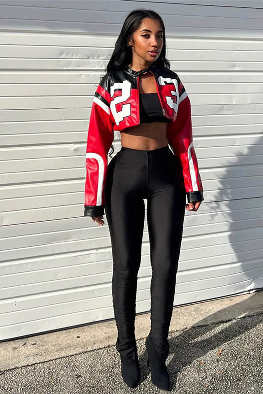 Embroidered Biker Faux Leather Jacket