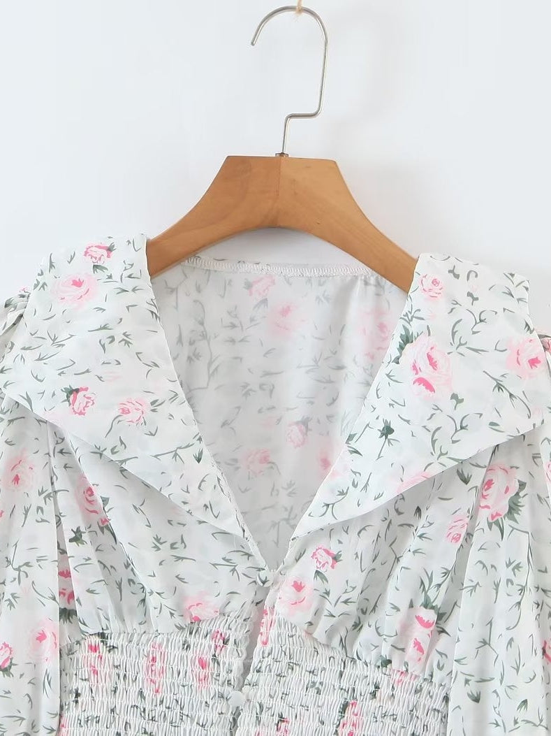Floral Print Smocked Lantern Sleeve Shirt Top