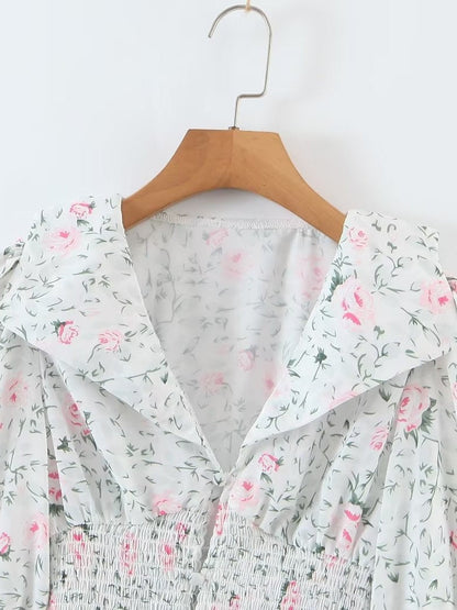 Floral Print Smocked Lantern Sleeve Shirt Top