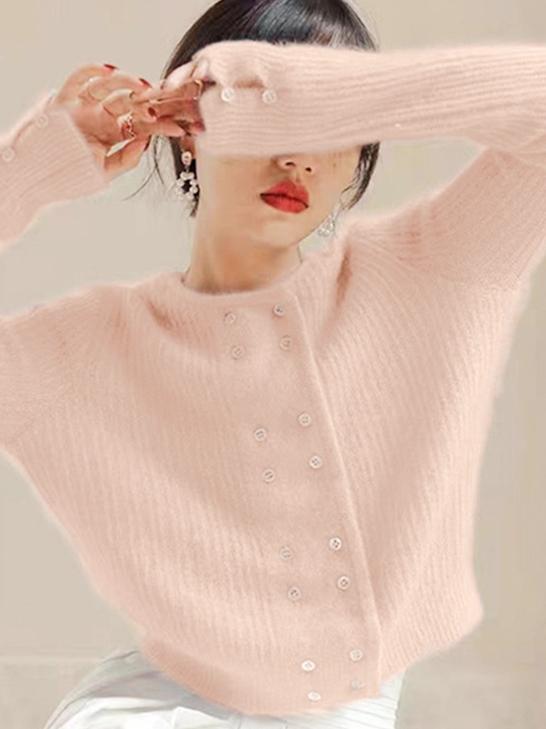 Alena French Style  Double-breasted Knitted Cardigan-Beige