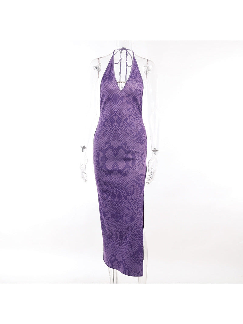 Animal Print Halterneck Backless Split Maxi Dress