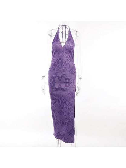 Animal Print Halterneck Backless Split Maxi Dress