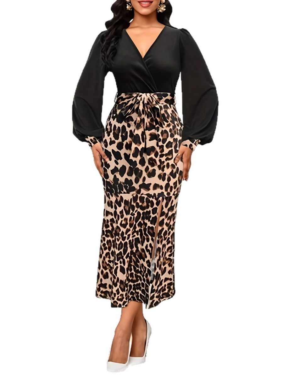 Leopard Print High Slit Fishtail Commuting Midi Dresses