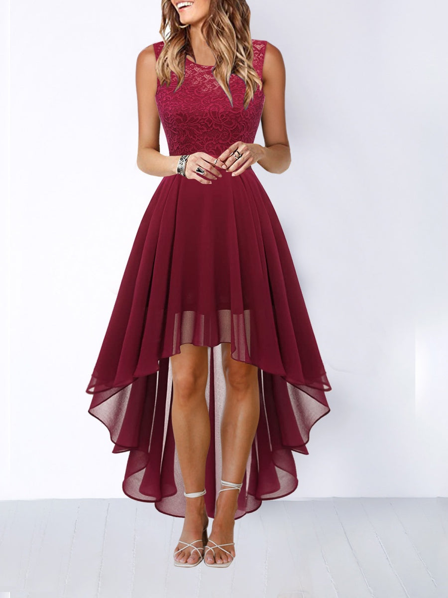 Lace Stitching Irregular Hem Waist Maxi Dresses