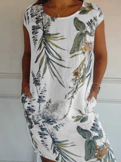Printed Cotton And Linen Pocket Crew Neck Short Sleeve Mini&Short Dresses
