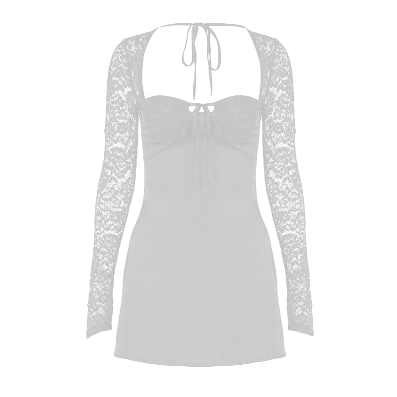 Long sleeve lace knotted ruched solid mini dress