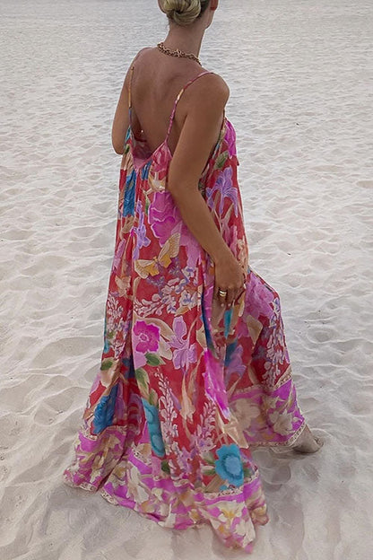 Meridress V Neck Spaghetti Strap Backless Floral Print Maxi Vacation Dress
