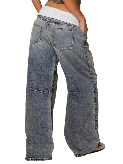 Y2K Color Blocking Threaded Waist Retro Jeans