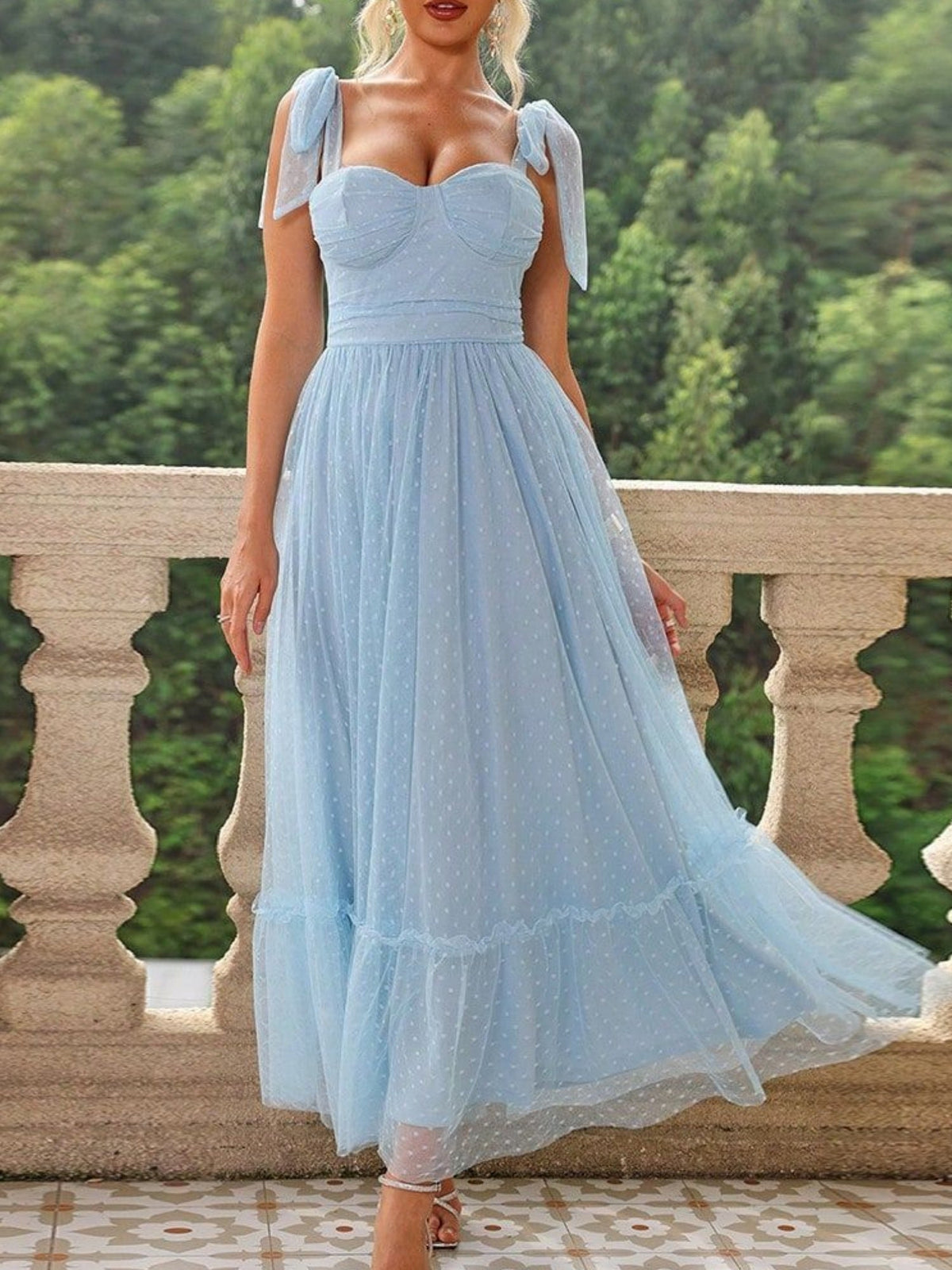 Polka Dots Strapless Shoulder Strap Mesh Splicing Sweet Maxi Dresses