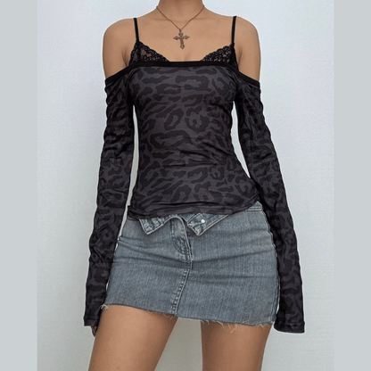 Leopard print long sleeve lace hem off shoulder top