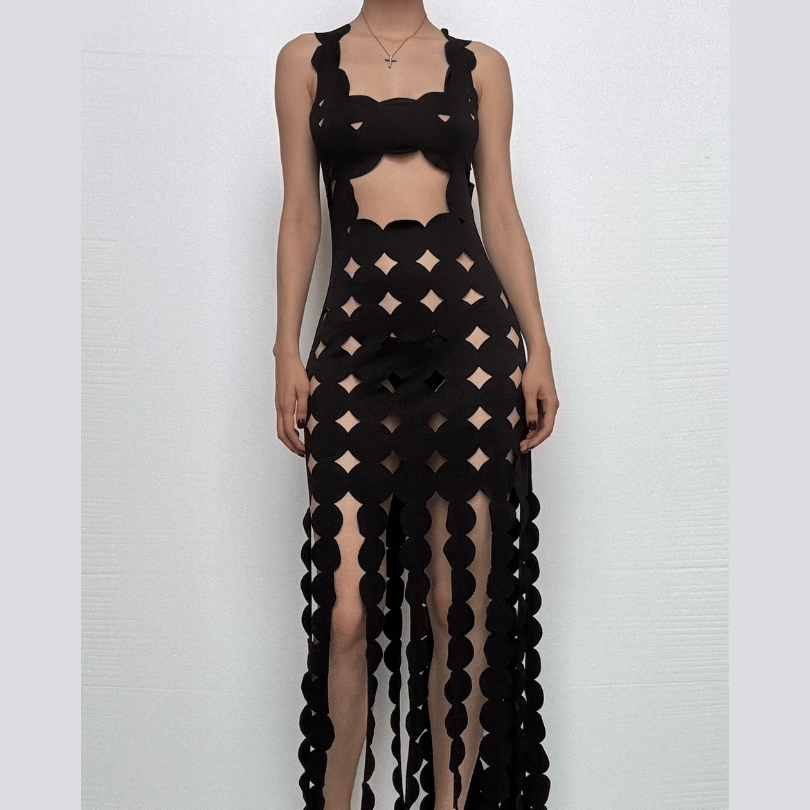 Hollow out backless sleeveless low cut solid cut out maxi dress-final-sale