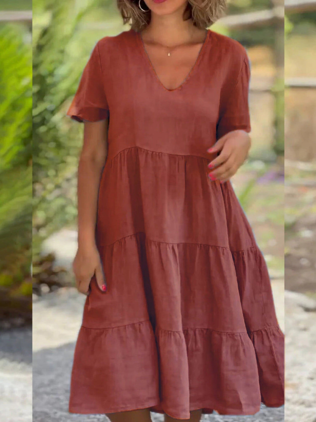 V-neck Large Skirt Short Sleeves Mini&Short Dresses
