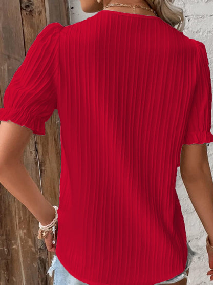 Openwork Lace Puff Sleeve V-neck Vertical Stripes T-shirts