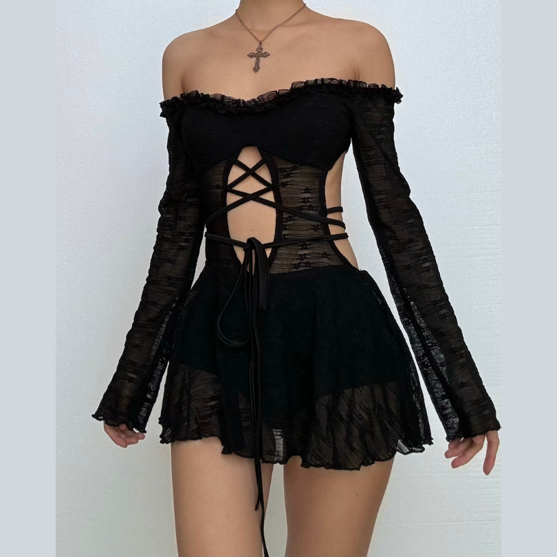 Off shoulder long sleeve hollow out self tie cut out mini dress