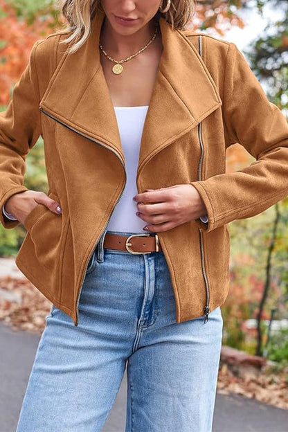 Zip Up Pocketed Faux Suede Moto Jacket(in 7 Colors)