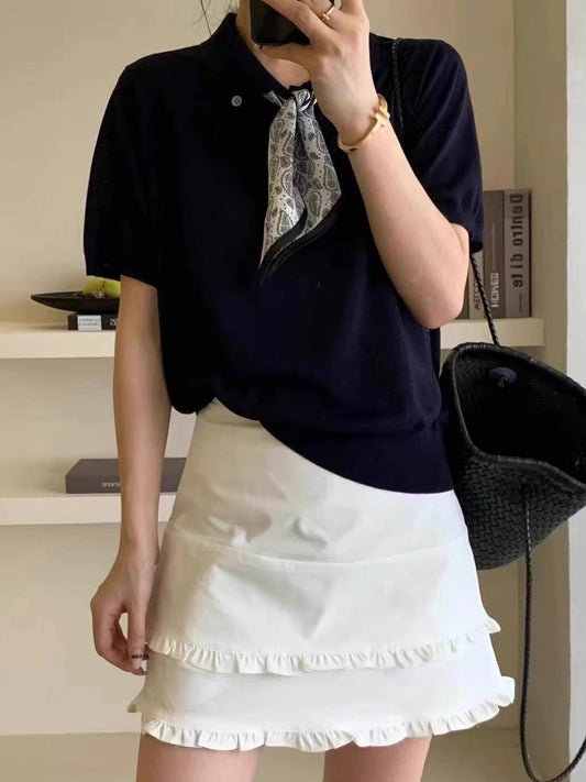 Maria Elegant Polo Collar Knitted Top-Navy Blue