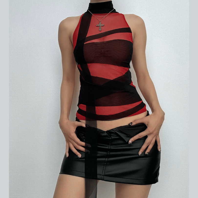 High neck sheer mesh patchwork top