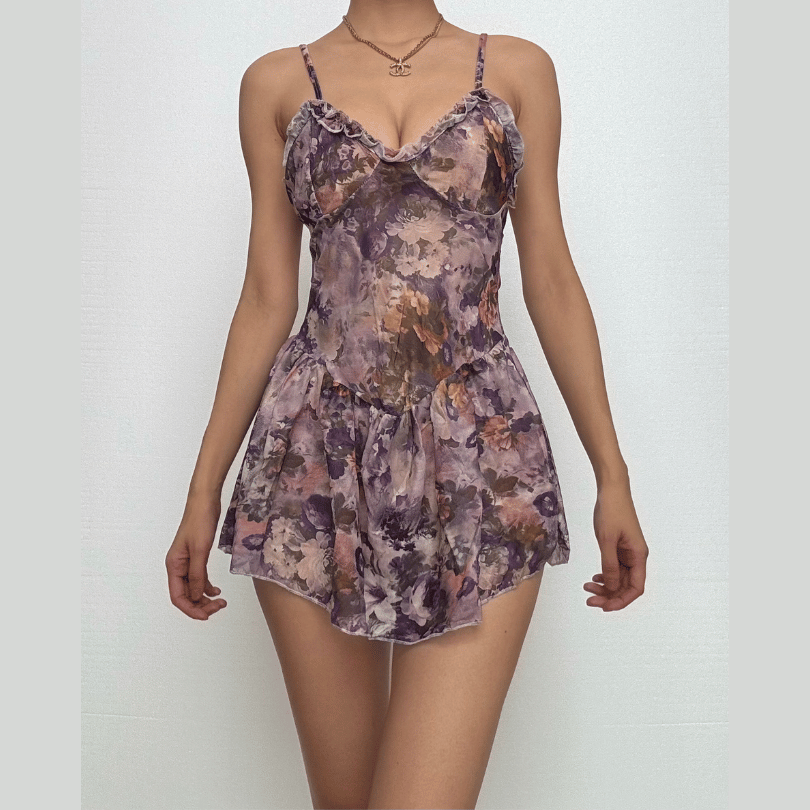 Flower print backless ruffle cami mini dress