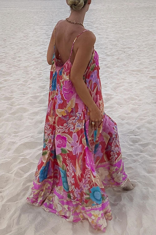 V Neck Spaghetti Strap Backless Floral Print Maxi Vacation Dress