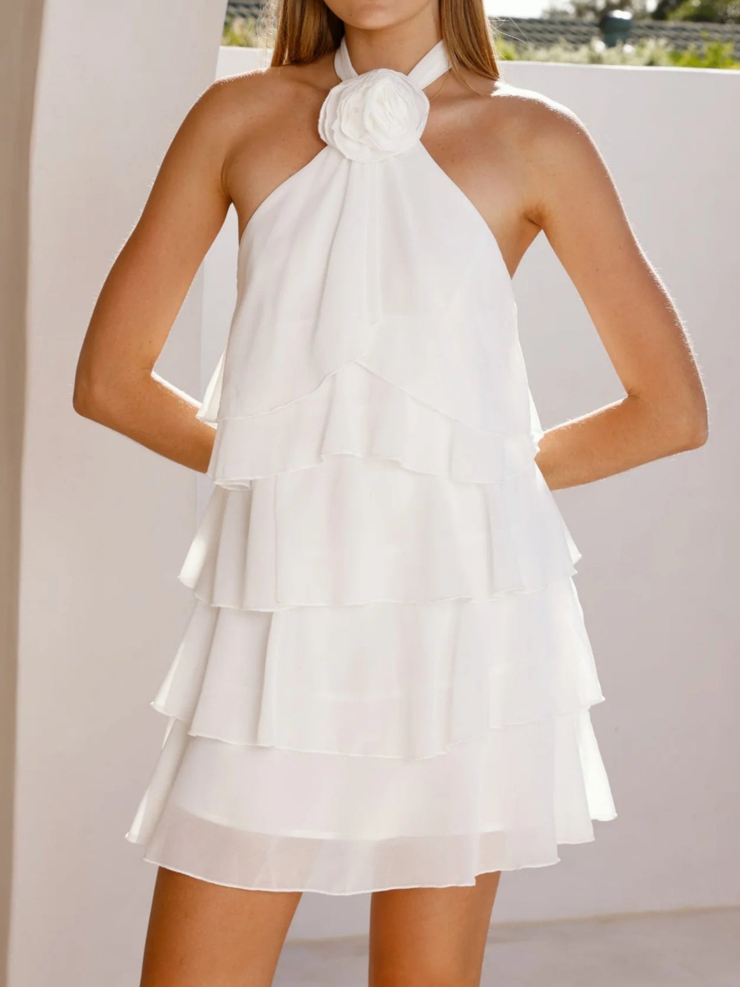 3D Flowers Halter Neck And Backless Layered Ruffles Sweet Mini&Short Dresses