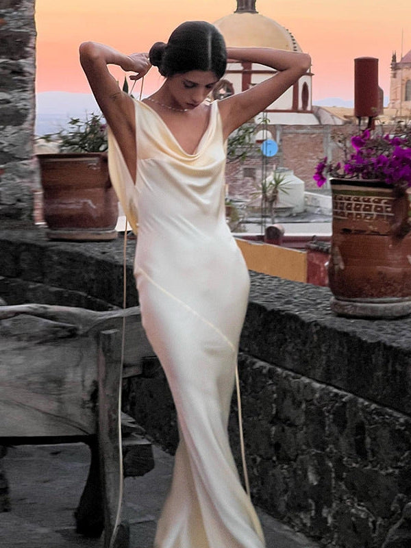 Cowl Neck Backless Fishtail Gown Dress