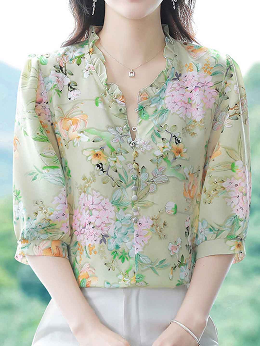 Bailey Loose V-neck Floral Ruffle Chiffon Top