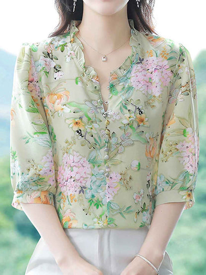 Bailey Loose V-neck Floral Ruffle Chiffon Top