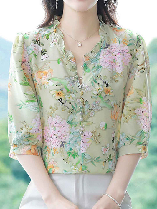 Bailey Loose V-neck Floral Ruffle Chiffon Top