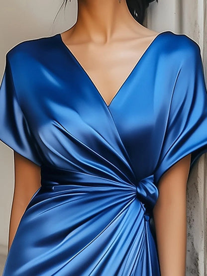 V-neck Short Sleeve Solid Color Satin Maxi Dresses