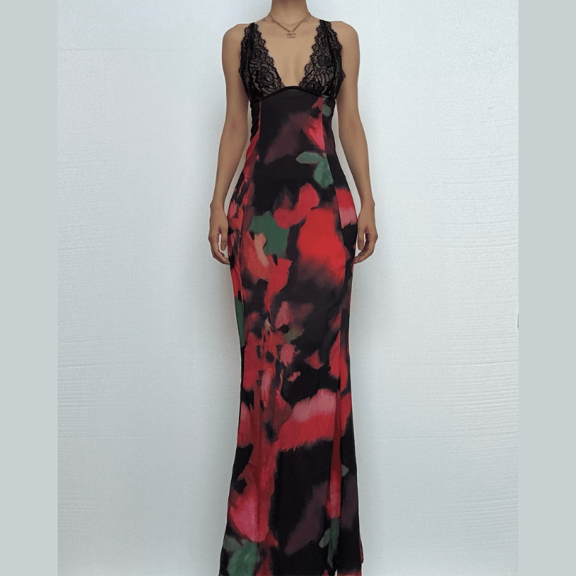 V neck lace hem backless print cami maxi dress