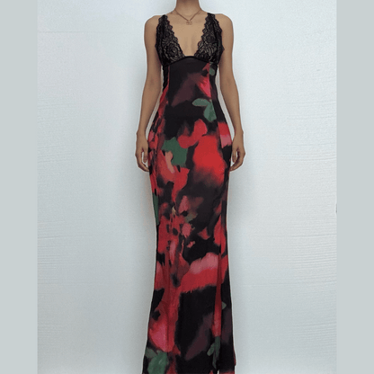 V neck lace hem backless print cami maxi dress