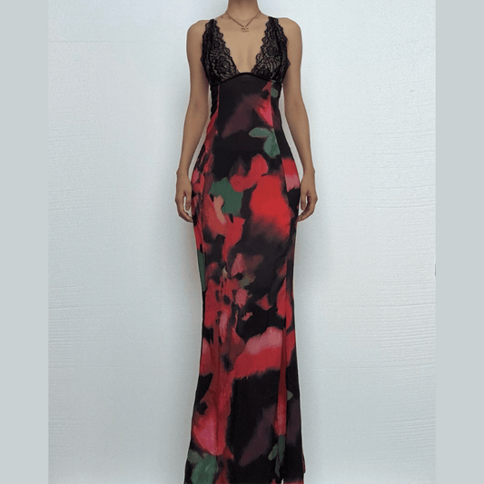 V neck lace hem backless print cami maxi dress