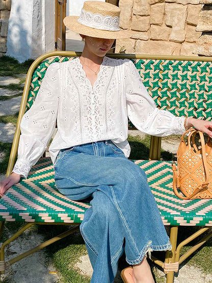 Aubrey Loose V-Neck Puff Sleeve Embroidered Top