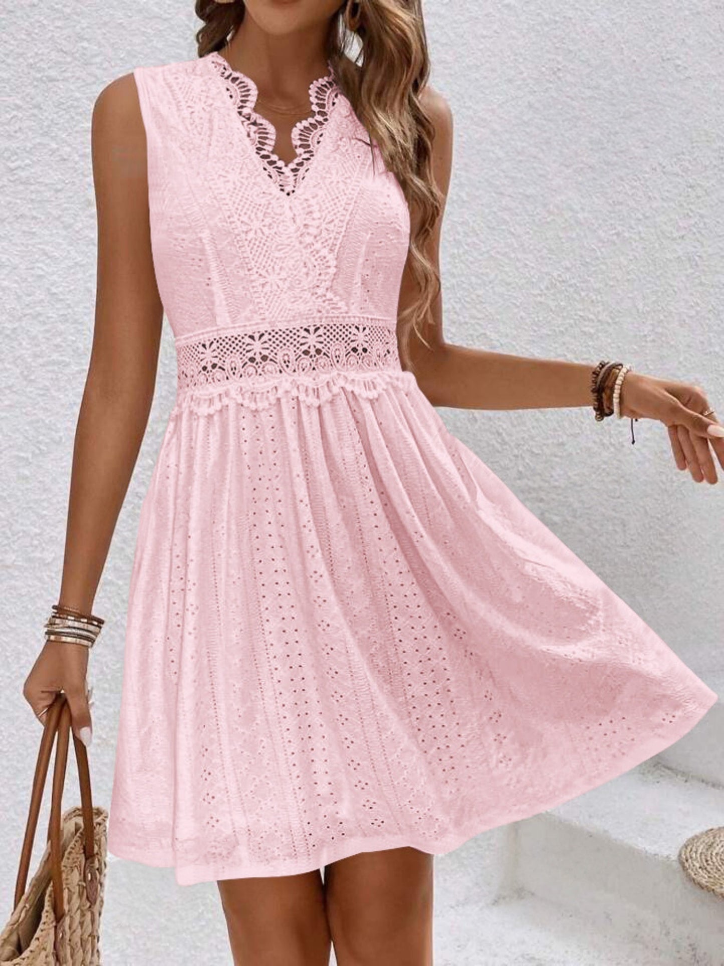 Lace Trim Openwork Jacquard V-neck, Fitted Waist Sleeveless Mini&Short Dresses