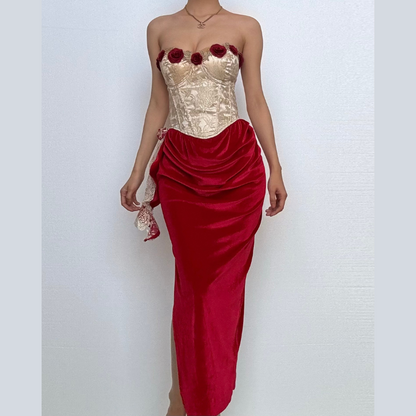 Sweetheart neck bustier flower applique contrast tube maxi dress