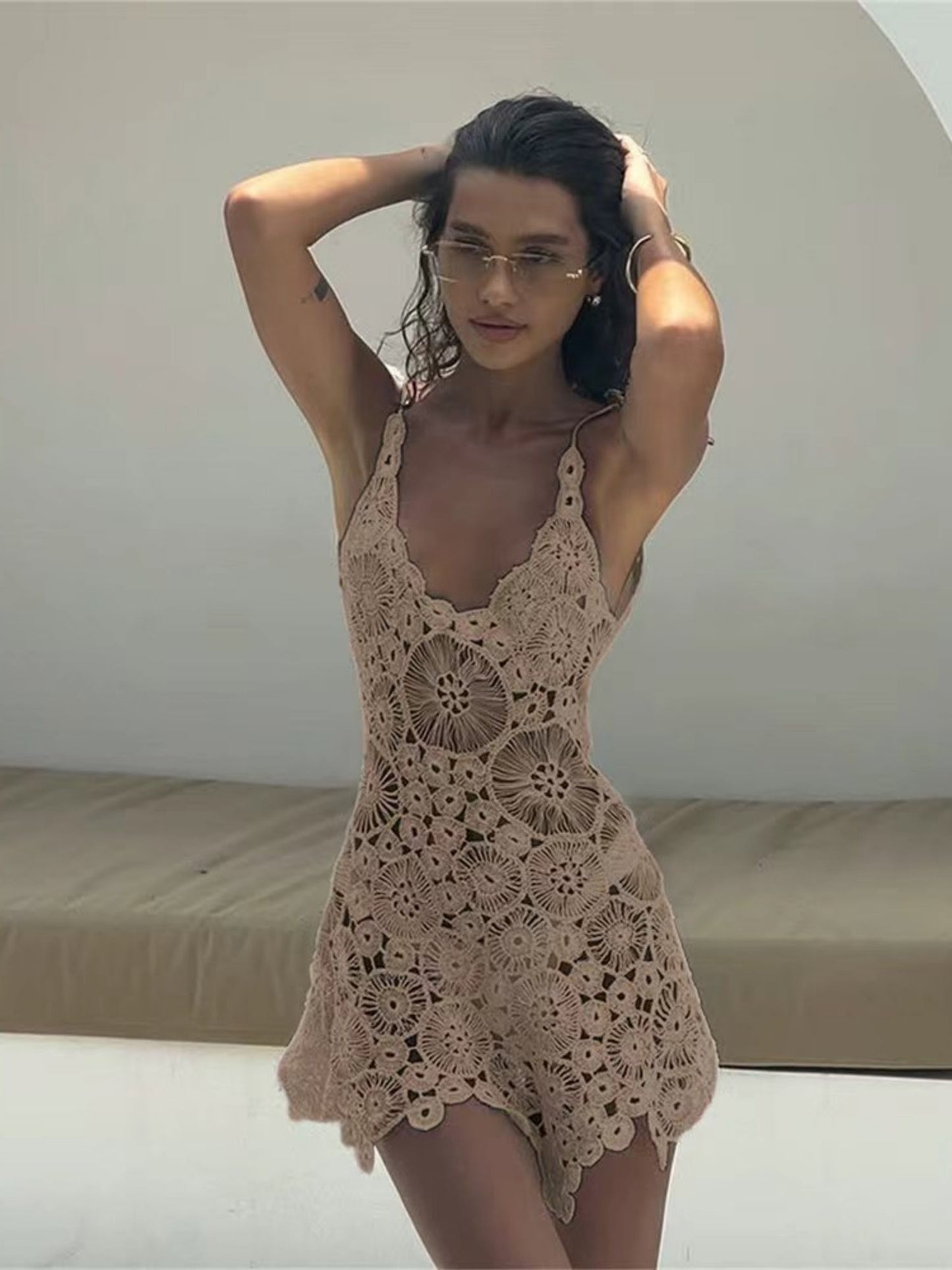 Lace Openwork Crochet Spaghetti Strap Short Dress