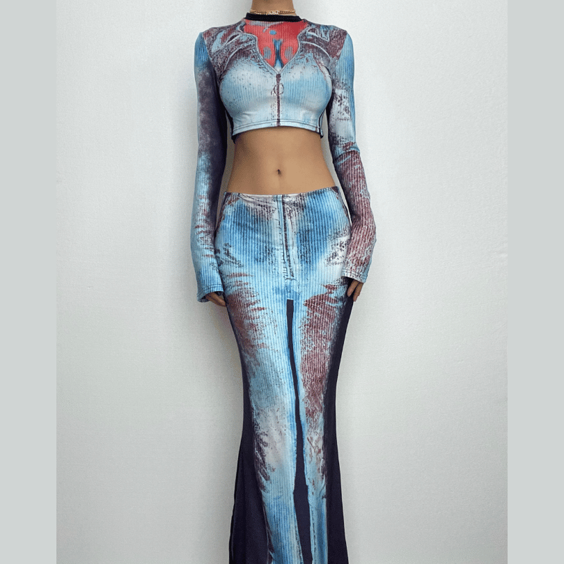 Contrast body print long sleeve high neck patchwork maxi skirt set-final-sale