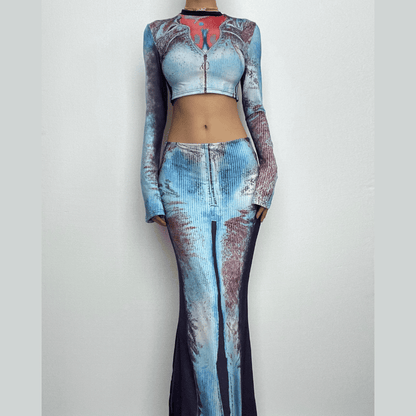 Contrast body print long sleeve high neck patchwork maxi skirt set-final-sale