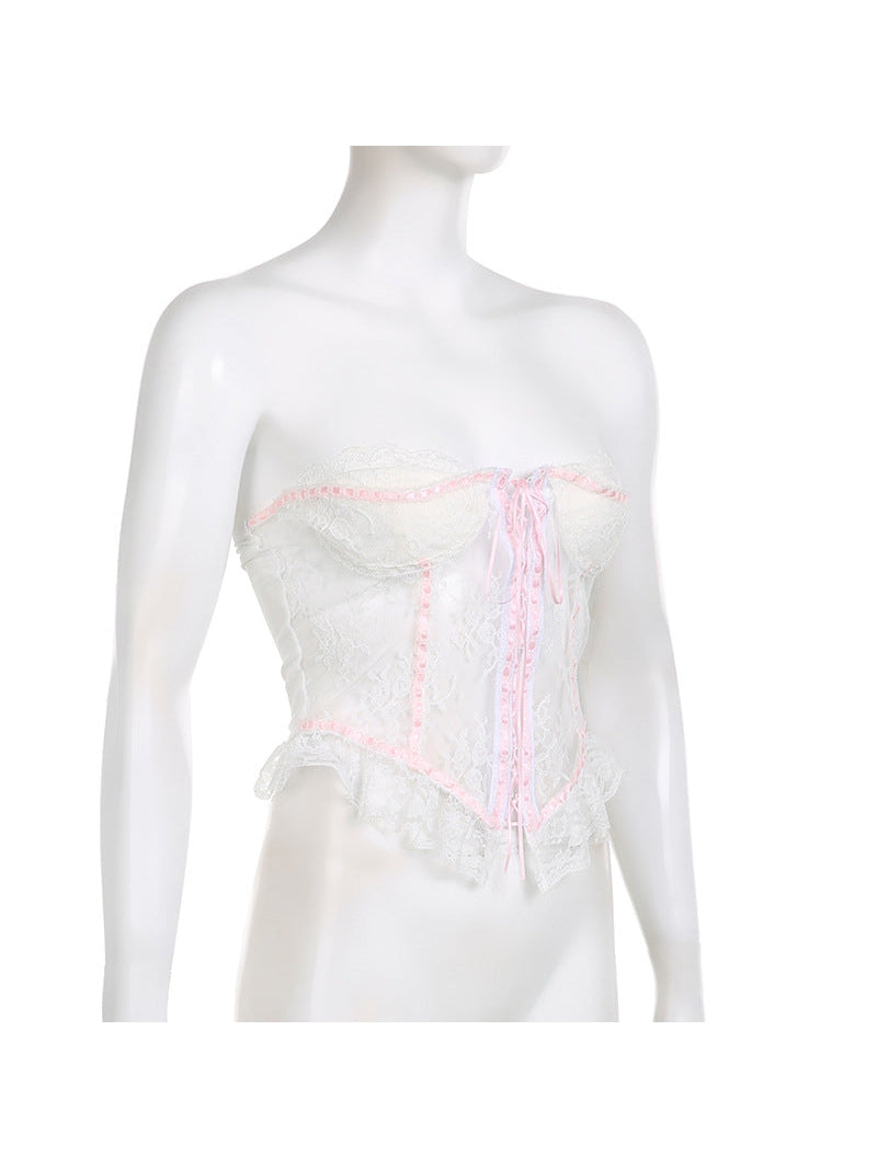 Lace Contrast Color Lace Up Tube Corset Top