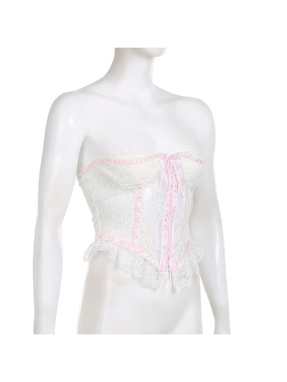 Lace Contrast Color Lace Up Tube Corset Top