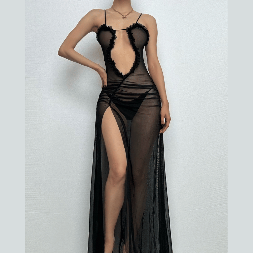 Sheer mesh hollow out ruched high slit cami cut out maxi dress