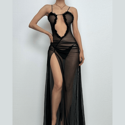 Sheer mesh hollow out ruched high slit cami cut out maxi dress