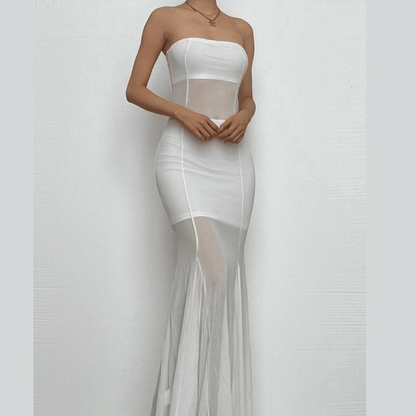 Mesh patchwork solid stitch tube maxi dress