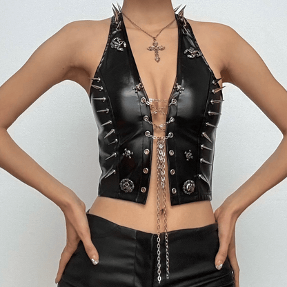 Halter lace up metal chain skull applique PU leather top