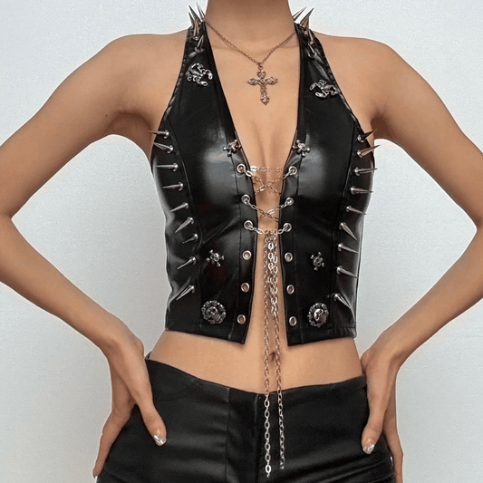Halter lace up metal chain skull applique PU leather top
